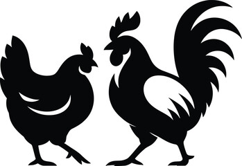 Simple Black and White Silhouette of a Hen and Rooster, Clean Hen and Rooster Black Silhouettes