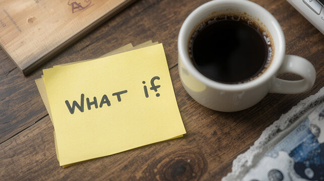 A sticky note reading 'What If?' is positioned near a cup of coffee, suggesting reflection on hypothetical scenarios amidst everyday surroundings.
