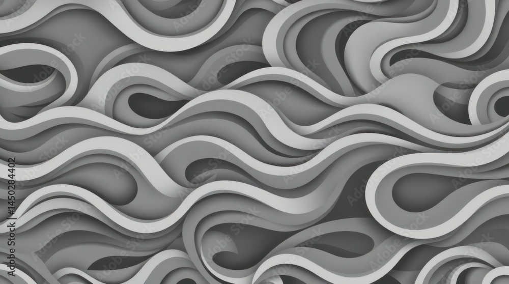 Poster abstract grayscale wave pattern with layered, flowing curves and varying shades of gray creating a d