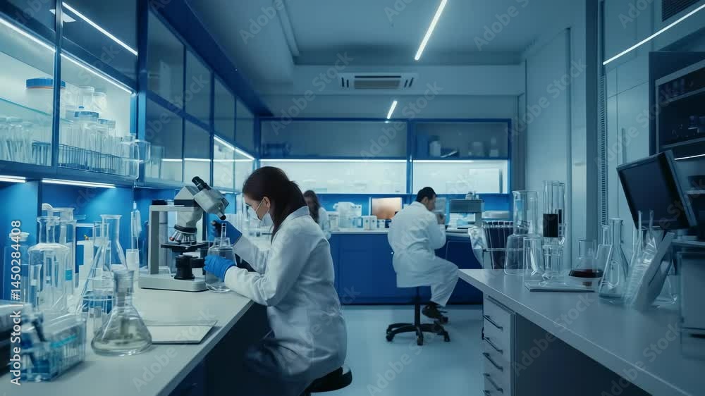 Poster a modern research laboratory features scientists in white coats performing experiments. the laborato