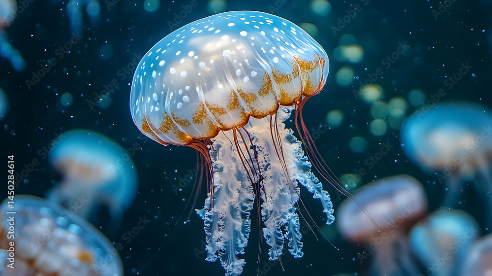 Poster a translucent jellyfish with intricate patterns in deep water.