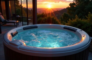Obraz premium Serene evening hot tub experience with a stunning mountain sunset view