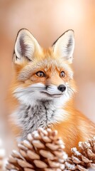 Fototapeta premium Red fox portrait, alert expression, nestled amongst snow-covered pine cones, soft-focus background