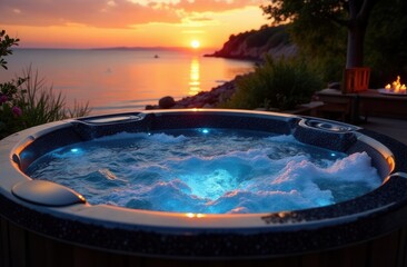 Serene hot tub with glowing lights overlooking ocean sunset at coastal retreat