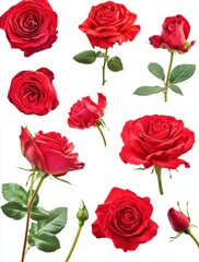 Beautiful Collection of Fresh Red Roses Isolated on White Background Showcasing Various Stages of Bloom and Elegant Petal Details