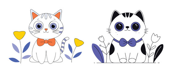 Fototapeta premium Cute cartoon cat with flowers kawaii vector illustration on a white background