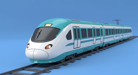 Naklejka premium 3d cute cartoon illustration, close up view of a high speed train at a busy station, subject at the bottom with sparkling teal tones. ,isolated on bright background, no text