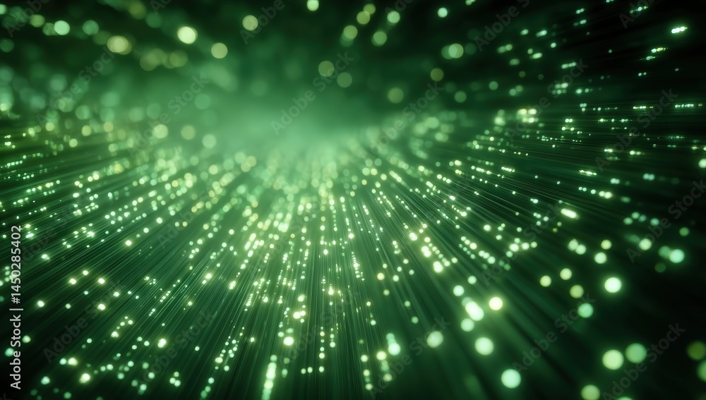 Poster abstract green lights and lines create a dynamic, futuristic pattern resembling fiber optics or data