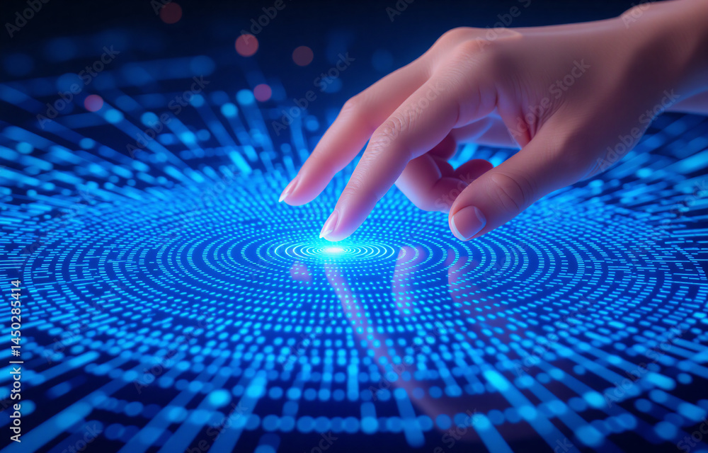 Poster a hand gently touches a glowing, circular digital interface, radiating blue light and data streams. 