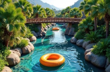 Scenic tropical river with floating inner tubes under rustic wooden bridge