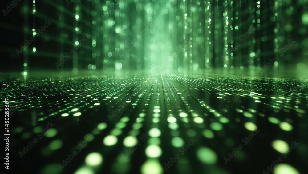 Poster a digital landscape of glowing green dots and lines, creating a futuristic, matrix-like data stream 