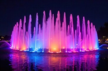 Vibrant colorful illuminated fountain display at night with spectacular light effects and reflections