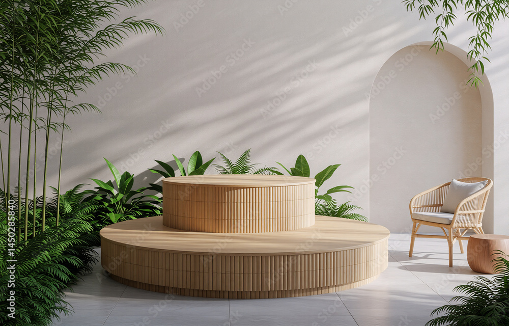 Aufkleber serene outdoor scene featuring a two-tiered wooden display platform surrounded by lush greenery and 