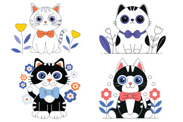 Fototapeta premium Pretty pink white cat character with collar and flowers art on a white background
