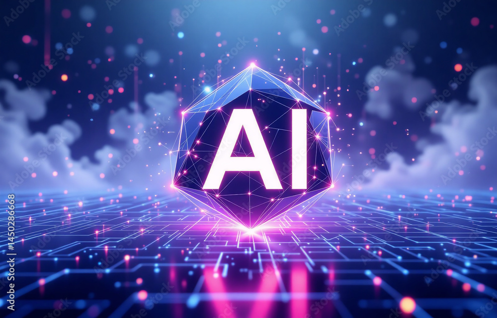 Leinwandbilder A glowing AI symbol, rendered as a multifaceted geometric structure, sits atop a digital grid against a backdrop of swirling clouds and particles.  The scene evokes a sense of futuristic technology an