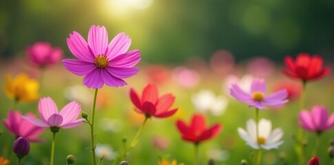 Vibrant cosmos flowers bloom in a spring meadow , vibrant, summer, yellow