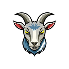 Stylized goat head, graphic illustration, fierce eyes, curved horns,  sharp horns, blue and gray fur, red eyes, tribal tattoo style, mascot design, 