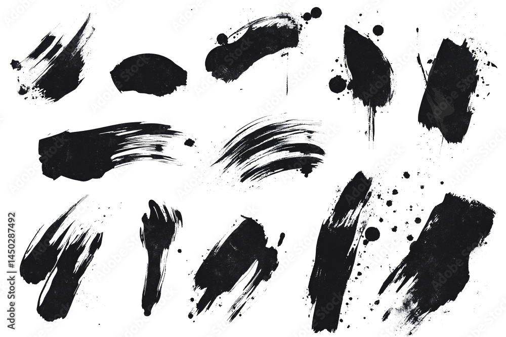 Poster set of several different black ink or paint strokes on transparent background. grunge style. abstrac