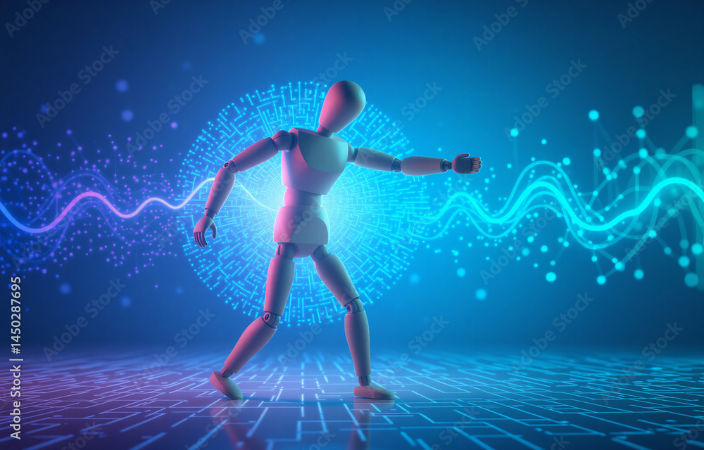 Poster a wooden mannequin interacts with glowing, abstract energy waves and a digital sphere, suggesting te