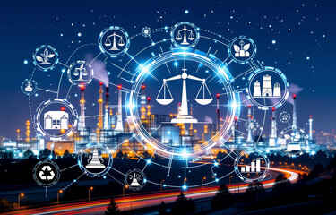 Night scene of an industrial complex overlaid with a network of glowing icons representing law, environment, and sustainability.  The image suggests concepts of corporate responsibility and ethical bu