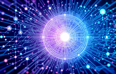 Obraz premium Abstract digital artwork depicting a glowing circular core, radiating lines, and interconnected nodes, suggesting a network or technological system. It evokes feelings of connectivity, data flow, and