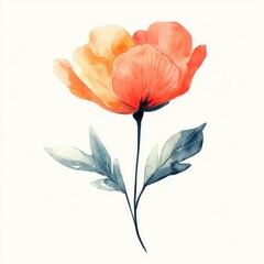 Naklejka premium Bright orange and yellow flower with delicate petals and green leaves on white background