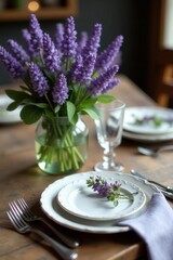 Weathered wood table, lavender bouquet centerpiece, polished silverware, charming setting, silverware, table, elegant
