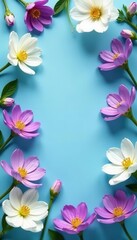 White & purple spring flowers create a frame on a serene blue background , blossom, springtime