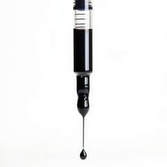 Fototapeta premium Black ink dripping from a syringe into a drop on white background