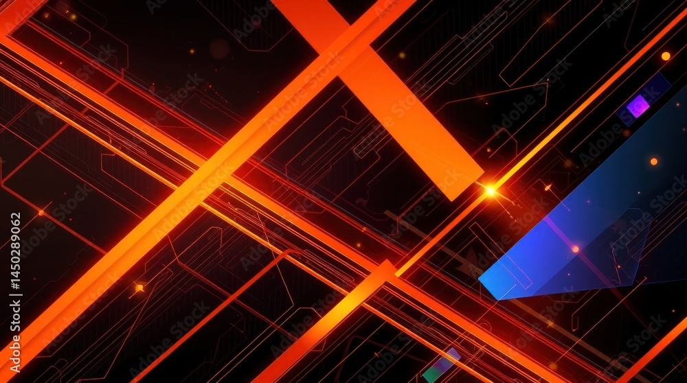 Poster abstract digital art featuring glowing orange lines intersecting on a dark background with subtle ci