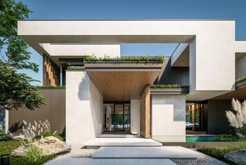 3d rendering of two-story house with parking and pool for sale or rent with concrete facade and beautiful landscaping on background. Clear sunny summer day with blue sky.