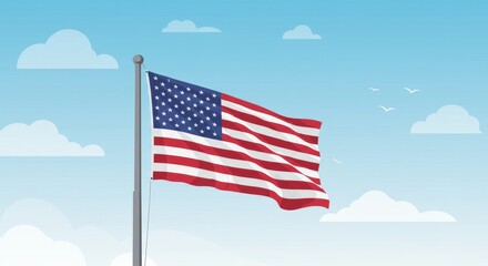 Illustrative American flag waving against a backdrop of a tranquil cloudy sky