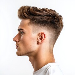 Obraz premium Stylish side view of a young man with a modern haircut on white background