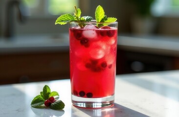 Refreshing cranberry mint mocktail with ice and fresh garnish on sunlit counter