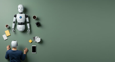 Human and Robot Interaction Concept on Minimalist Green Background