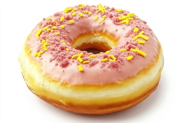 Colorful pink frosted donut with sprinkles on a white background, ideal for dessert promotion