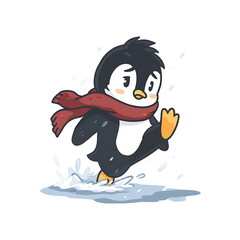Obraz premium Cartoon penguin is running through a puddle. The penguin is wearing a red scarf and looks slightly worried. Winter themed illustration.