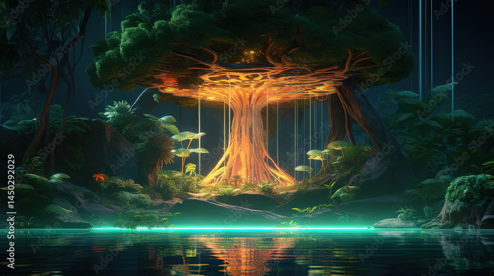 Poster neon-lit tree in a mystical jungle with glowing light and vibrant reflections