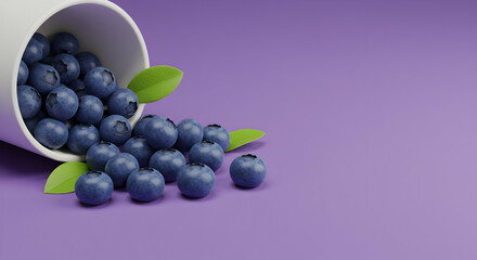 Fresh Blueberries Spilling from White Cup on Purple Background