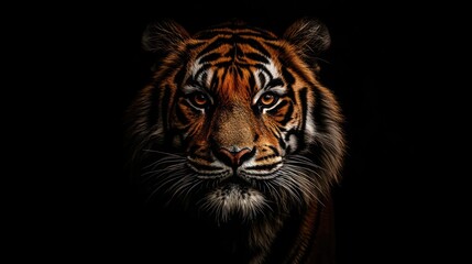 Close-up portrait of a tiger against a black background.