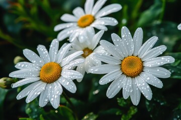 Fototapeta premium A close-up view of an Irish field reveals white daisies adorned with dewdrops, shining in the sunlight, with a gentle golden meadow and cloudy sky in the background