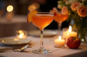 Elegant evening cocktail with peach garnish and candlelit ambiance on white table