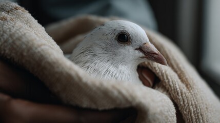 A gentle hand cradles a fluffy white bird wrapped in a towel, embodying care, vulnerability, and tender moments of rescue.