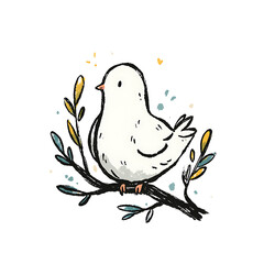 Obraz premium A whimsical illustration of a small, white bird perched on a branch with colorful leaves, set against a clean white background.