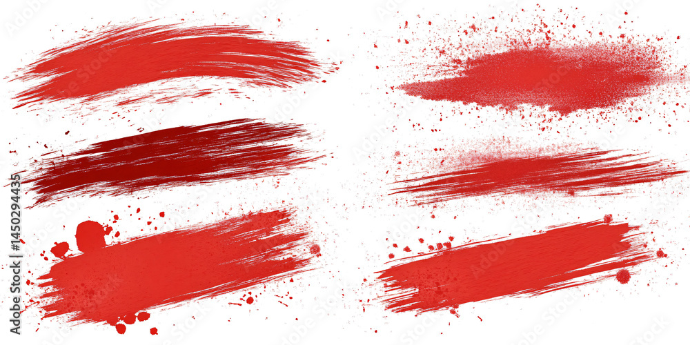 Poster set of six different red ink or paint strokes on transparent background. grunge style. abstract stro