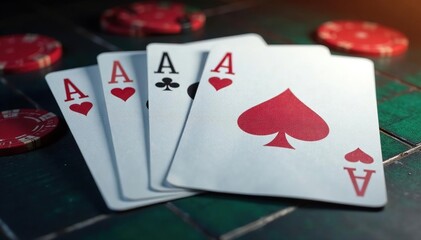 Four aces aligned, showing the same suit and rank , gambling, illustration