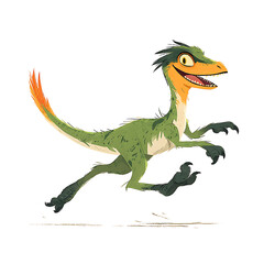 Obraz premium Animated dinosaur running, green and orange, smiling, prehistoric creature, cartoonish style, dynamic pose, claws, feathery accents