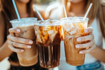 Group of female friends having ice coffee outdoors