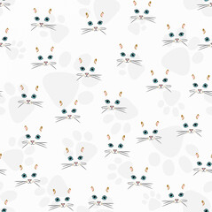 Cute cat faces and paws cartoon, seamless pattern design on white background.