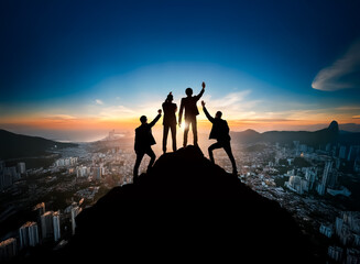 Fototapeta premium Silhouetted figures stand triumphantly atop a mountain peak at sunrise, overlooking a sprawling cityscape. A symbol of achievement and teamwork.